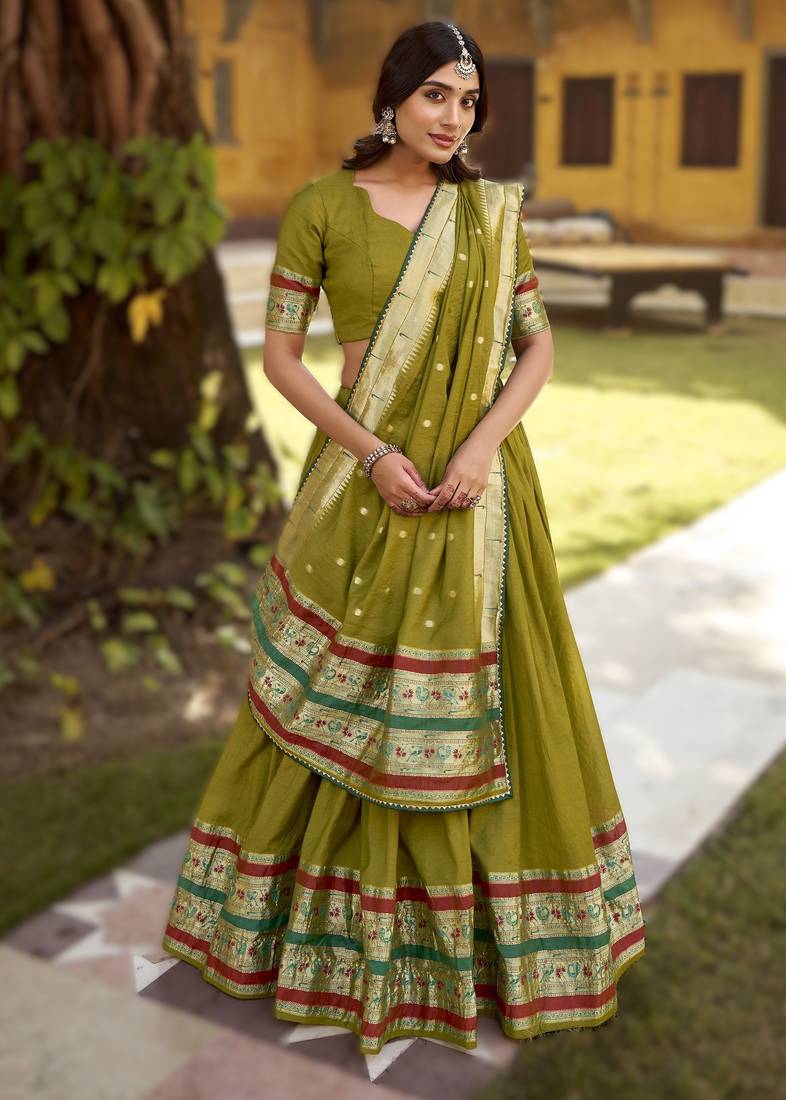 Mehendi Paithani Style Pure Chanderi Zari Weaving Lehenga Choli with Dupatta     Ready Made (32 to 42)