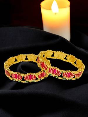Set of 2 gold plated pink lotus motif bangles 1