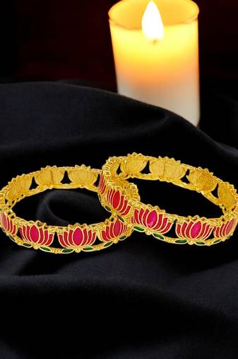Set of 2 gold plated pink lotus motif bangles