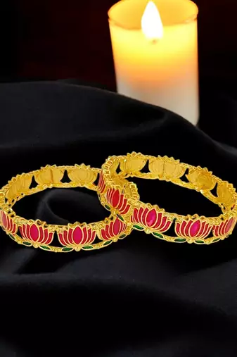 Set of 2 gold plated pink lotus motif bangles