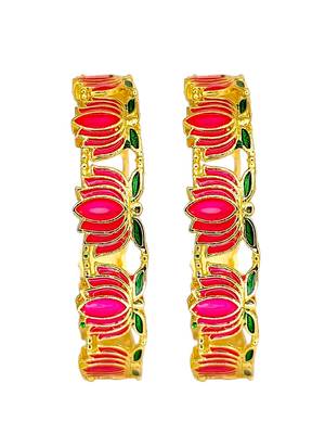 Set of 2 gold plated pink lotus motif bangles 2
