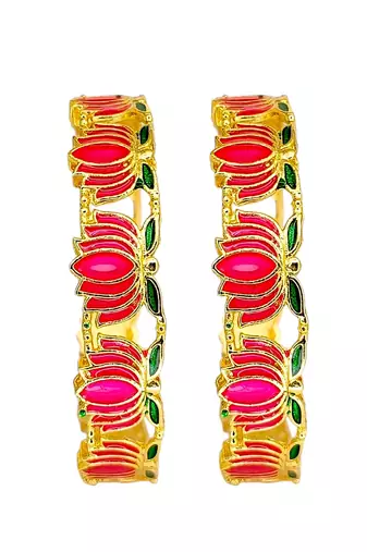 Set of 2 gold plated pink lotus motif bangles