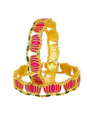 Set of 2 gold plated pink lotus motif bangles 3