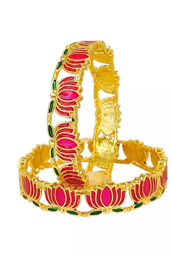 Set of 2 gold plated pink lotus motif bangles
