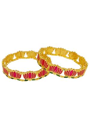 Set of 2 gold plated pink lotus motif bangles 4