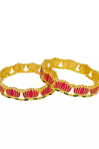 Set of 2 gold plated pink lotus motif bangles