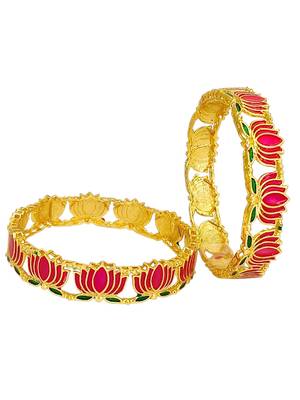 Set of 2 gold plated pink lotus motif bangles 5