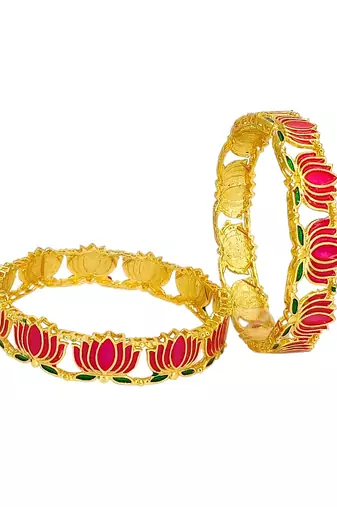 Set of 2 gold plated pink lotus motif bangles