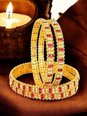 Gold plated set of 4 traditional red stone moti bangles 1