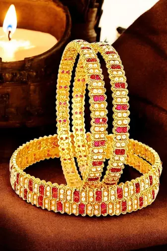Gold plated set of 4 traditional red stone moti bangles
