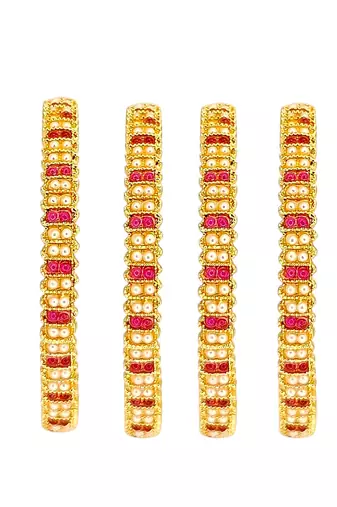 Gold plated set of 4 traditional red stone moti bangles