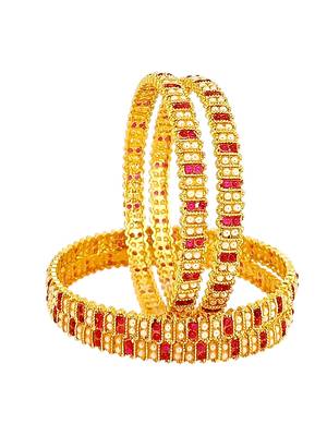 Gold plated set of 4 traditional red stone moti bangles 3