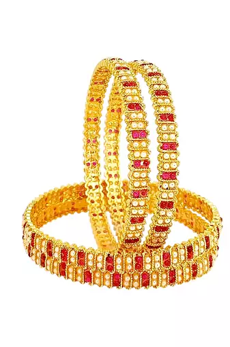 Gold plated set of 4 traditional red stone moti bangles