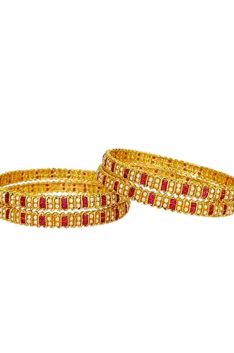 Gold plated set of 4 traditional red stone moti bangles