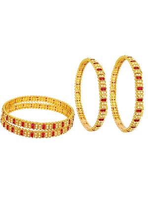 Gold plated set of 4 traditional red stone moti bangles 5