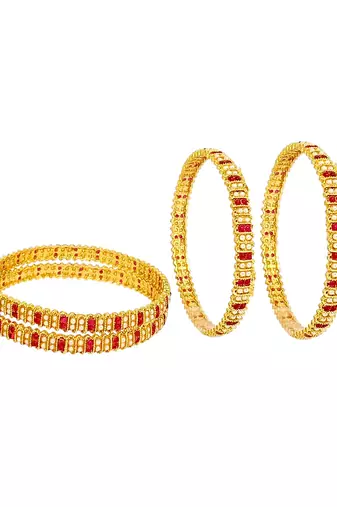 Gold plated set of 4 traditional red stone moti bangles
