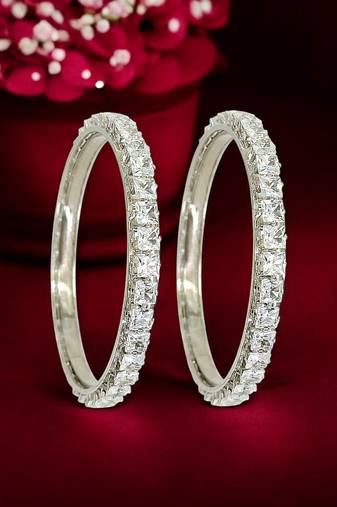 Rhodium plated set of 2 princess cut american diamond bangles