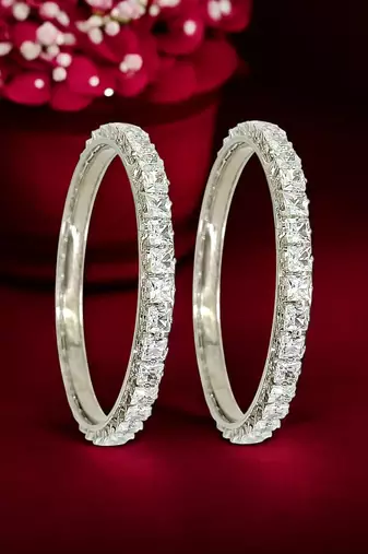 Rhodium plated set of 2 princess cut american diamond bangles