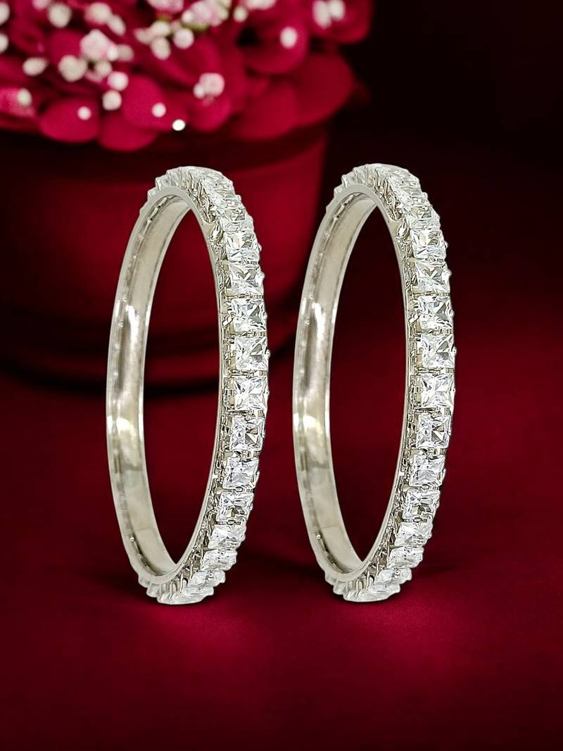 Rhodium plated set of 2 princess cut american diamond bangles