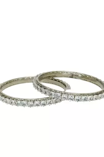 Rhodium plated set of 2 princess cut american diamond bangles