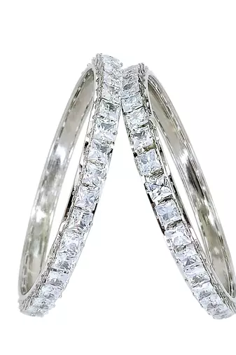 Rhodium plated set of 2 princess cut american diamond bangles