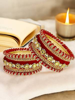Set of 10 gold plated rose red velvet silk thread chuda set 1