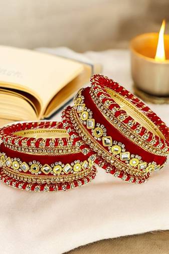 Set of 10 gold plated rose red velvet silk thread chuda set