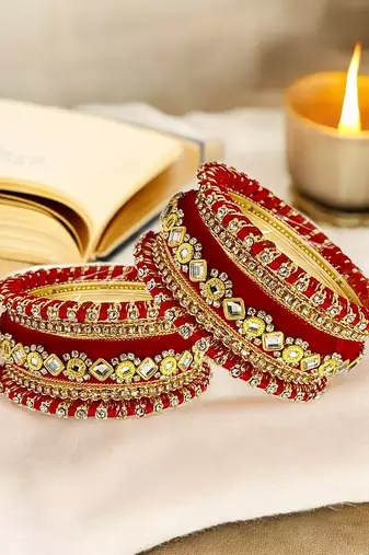 Set of 10 gold plated rose red velvet silk thread chuda set