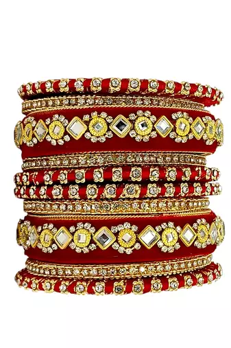 Set of 10 gold plated rose red velvet silk thread chuda set