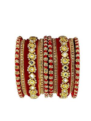 Set of 10 gold plated rose red velvet silk thread chuda set 3