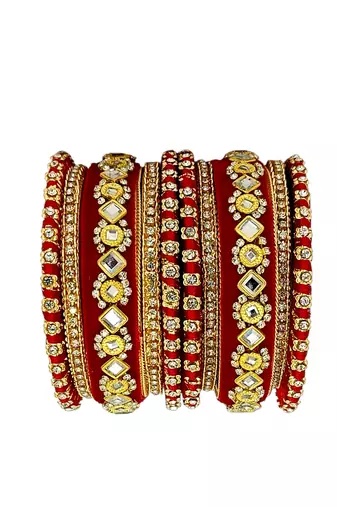 Set of 10 gold plated rose red velvet silk thread chuda set