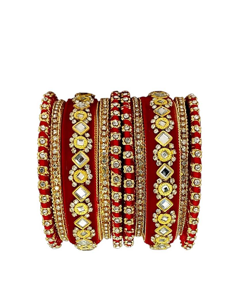 Set of 10 gold plated rose red velvet silk thread chuda set