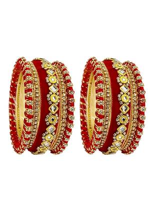 Set of 10 gold plated rose red velvet silk thread chuda set 4