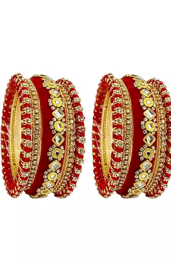 Set of 10 gold plated rose red velvet silk thread chuda set