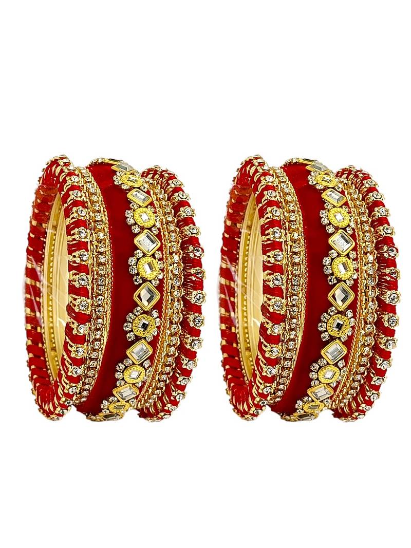 Set of 10 gold plated rose red velvet silk thread chuda set