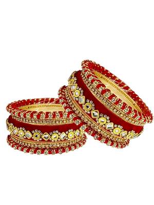 Set of 10 gold plated rose red velvet silk thread chuda set 5