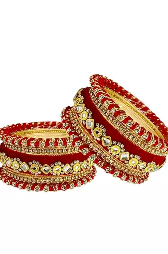 Set of 10 gold plated rose red velvet silk thread chuda set