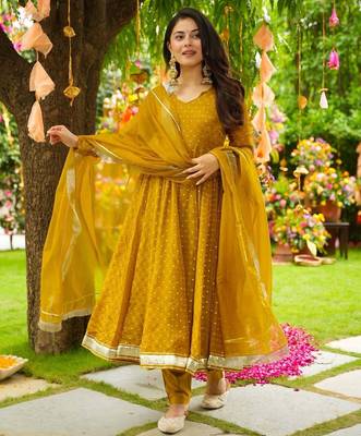 Mustard Embroidered Organza Anarkali Suit Set 1