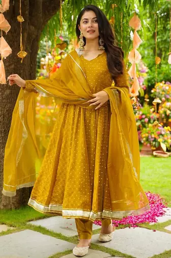 Mustard Embroidered Organza Anarkali Suit Set