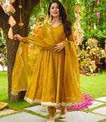 Mustard Embroidered Organza Anarkali Suit Set