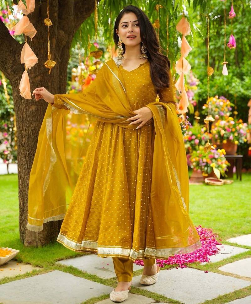 Mustard Embroidered Organza Anarkali Suit Set