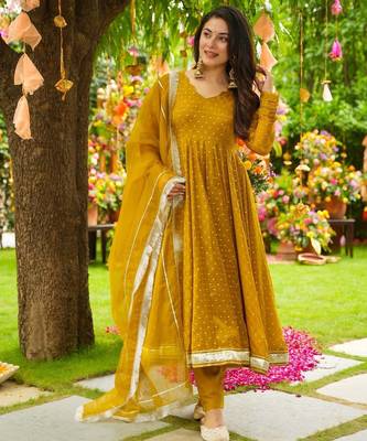 Mustard Embroidered Organza Anarkali Suit Set 2