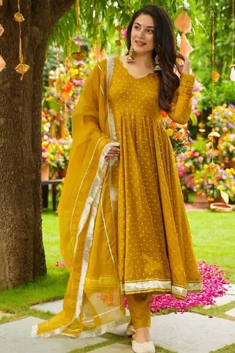 Mustard Embroidered Organza Anarkali Suit Set