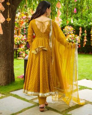 Mustard Embroidered Organza Anarkali Suit Set 3