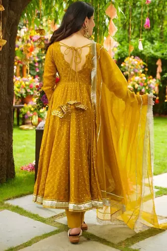 Mustard Embroidered Organza Anarkali Suit Set