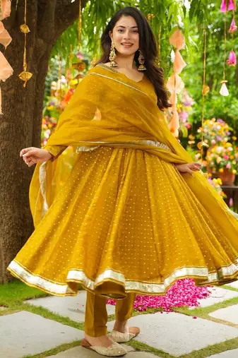 Mustard Embroidered Organza Anarkali Suit Set