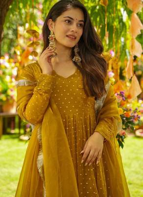 Mustard Embroidered Organza Anarkali Suit Set 5