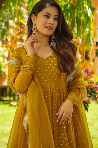 Mustard Embroidered Organza Anarkali Suit Set