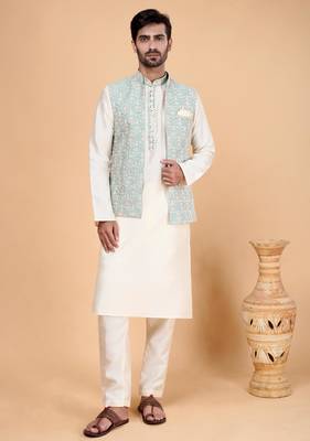 pista green art silk 3 piece kurta nehru jacket set for men 1