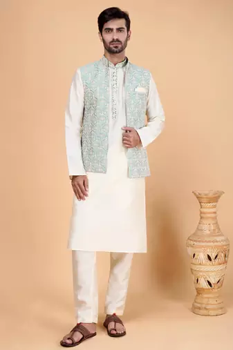 Pista green art silk 3 piece kurta jacket set for men